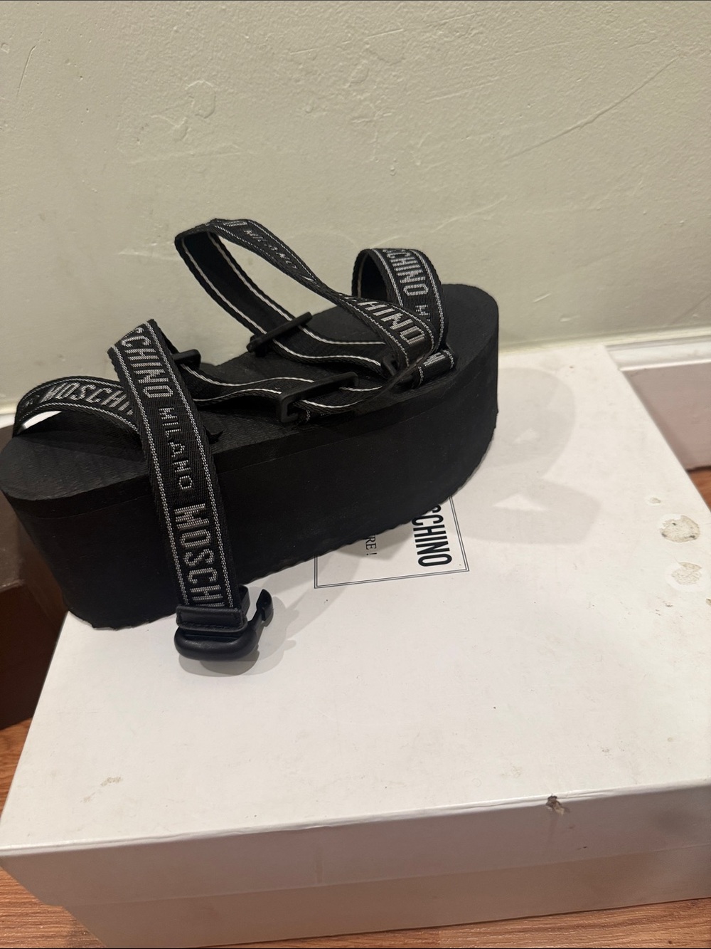 Moschino Black Logo Webbing Platform Sandals